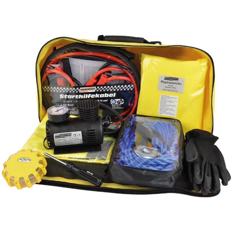 BRÜDER MANNESMANN coffret outils auto dans sacoche, jaune néon, avec triangle d'avertissement